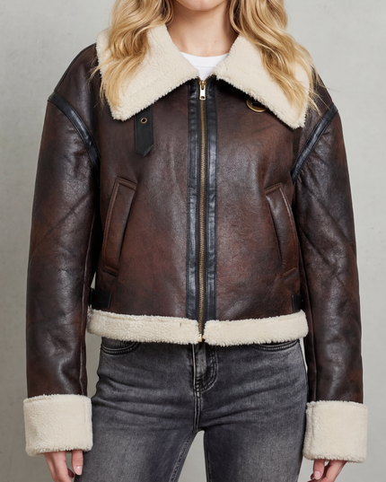 Women's Cropped Aviator Jacket with Faux Shearling Trim