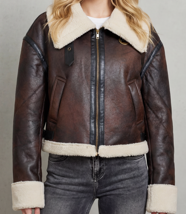 Women's Cropped Aviator Jacket with Faux Shearling Trim