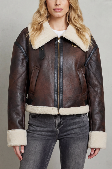 Women's Cropped Aviator Jacket with Faux Shearling Trim