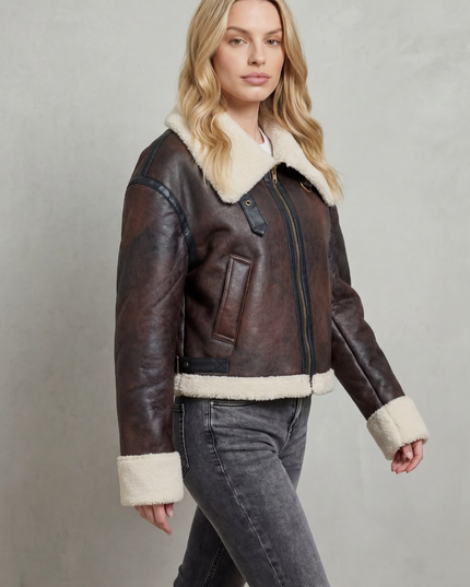 Women's Cropped Aviator Jacket with Faux Shearling Trim
