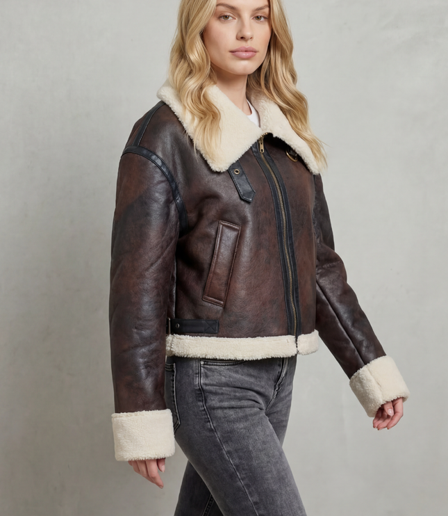 Women's Cropped Aviator Jacket with Faux Shearling Trim