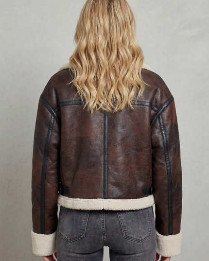 Women's Cropped Aviator Jacket with Faux Shearling Trim