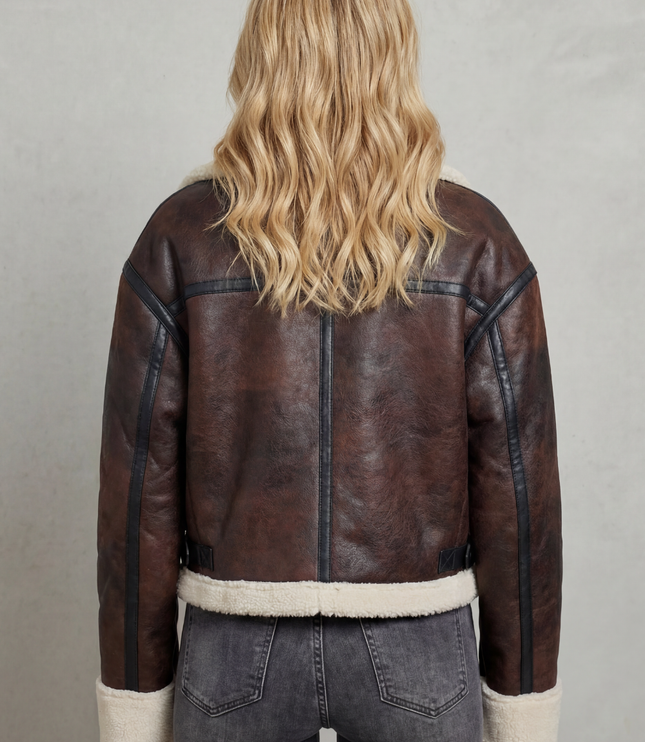 Women's Cropped Aviator Jacket with Faux Shearling Trim