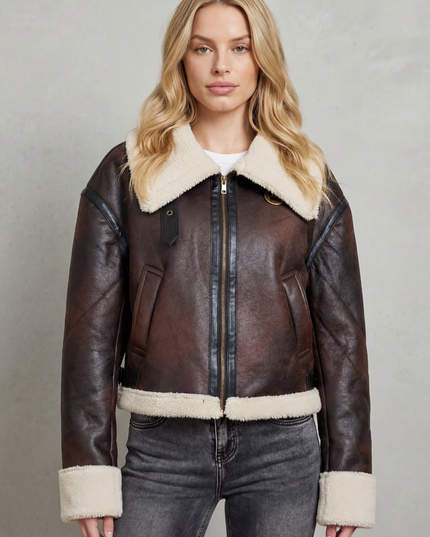 Women's Cropped Aviator Jacket with Faux Shearling Trim