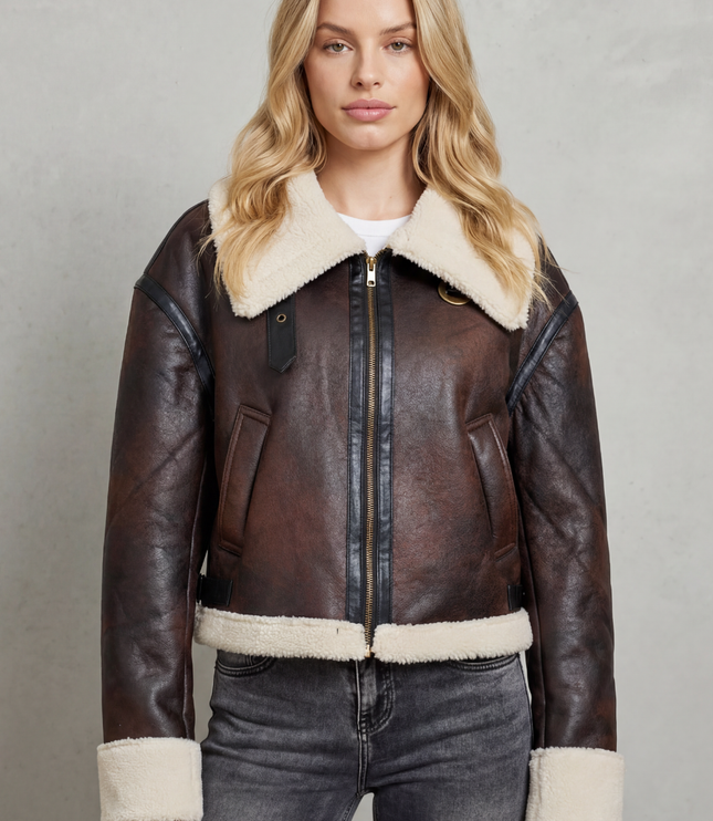 Women's Cropped Aviator Jacket with Faux Shearling Trim