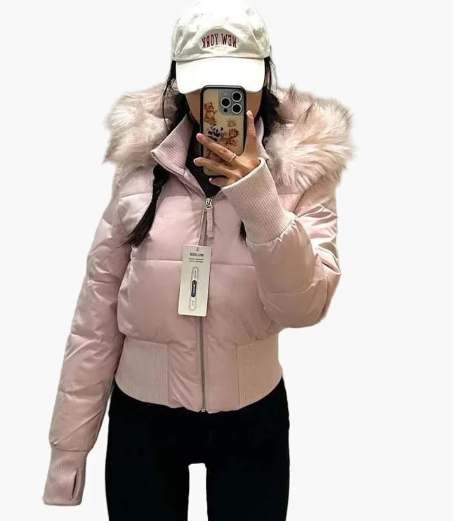 Women's Cropped Puffer Jacket with Fur-Trim Hood