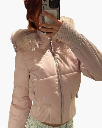 Women's Cropped Puffer Jacket with Fur-Trim Hood