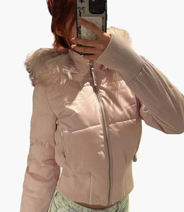 Women's Cropped Puffer Jacket with Fur-Trim Hood