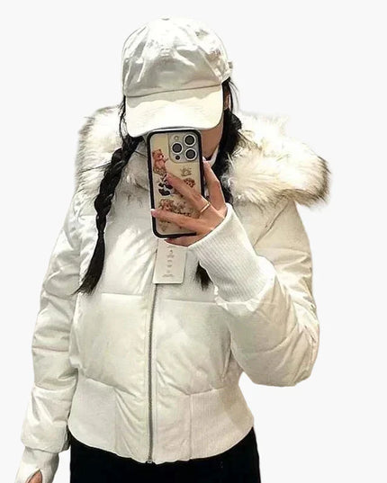 Women's Cropped Puffer Jacket with Fur-Trim Hood