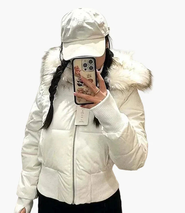 Women's Cropped Puffer Jacket with Fur-Trim Hood