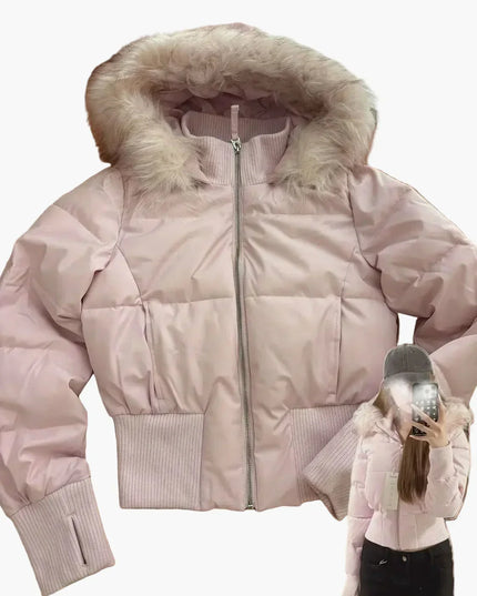 Women's Cropped Puffer Jacket with Fur-Trim Hood