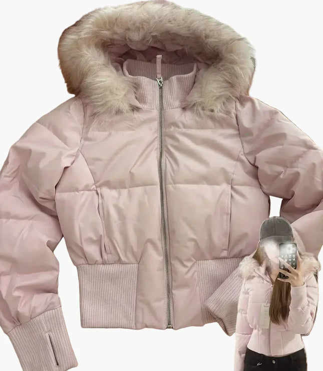Women's Cropped Puffer Jacket with Fur-Trim Hood