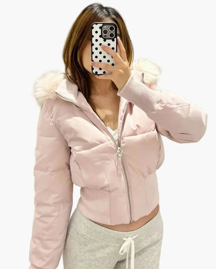 Women's Cropped Puffer Jacket with Fur-Trim Hood