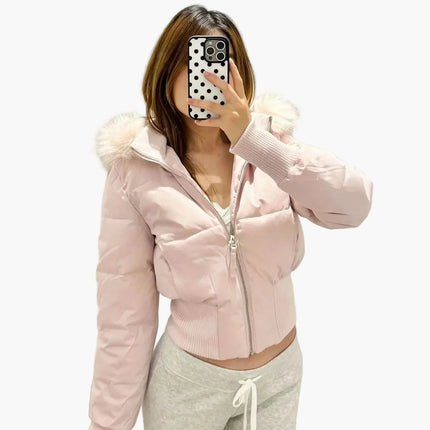 Women's Cropped Puffer Jacket with Fur-Trim Hood