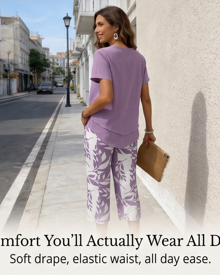 Women's Cropped Wide Leg Pants Set with a Layered Tunic Top