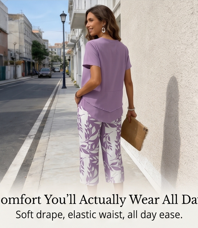 Women's Cropped Wide Leg Pants Set with a Layered Tunic Top