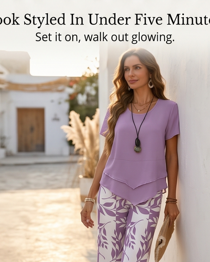 Women's Cropped Wide Leg Pants Set with a Layered Tunic Top