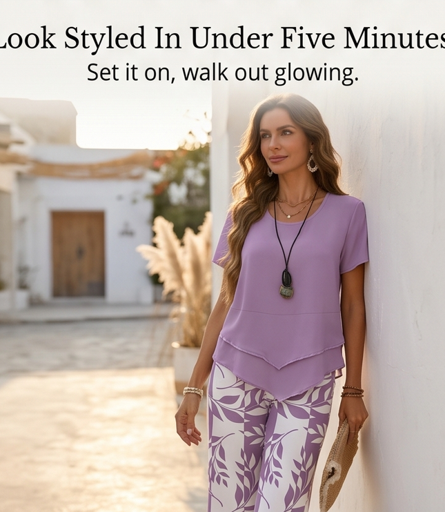 Women's Cropped Wide Leg Pants Set with a Layered Tunic Top