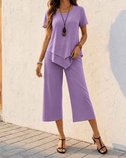 Women's Cropped Wide Leg Pants Set with a Layered Tunic Top