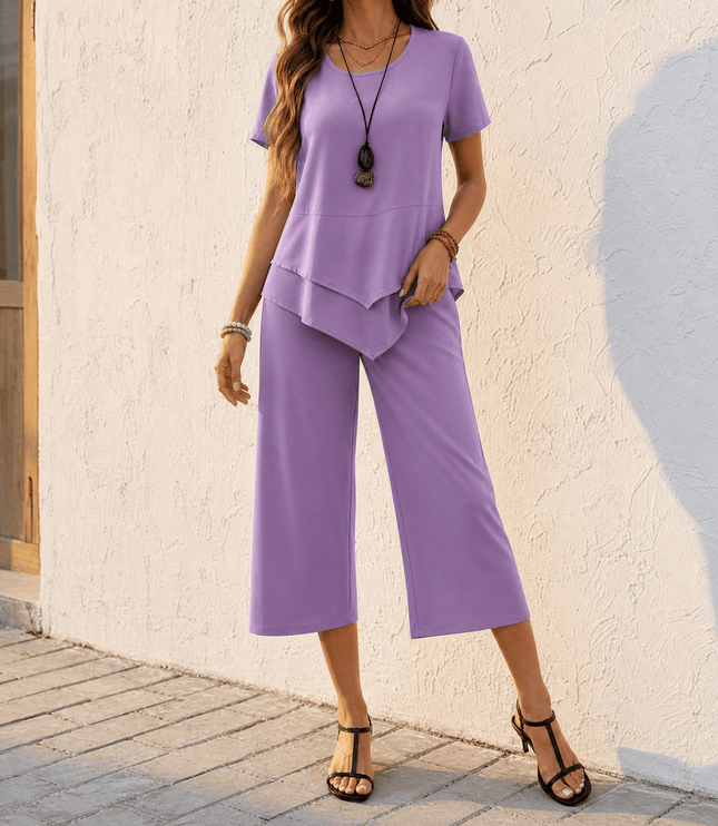 Women's Cropped Wide Leg Pants Set with a Layered Tunic Top