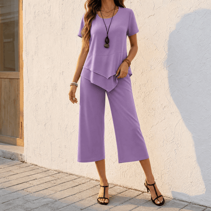 Women's Cropped Wide Leg Pants Set with a Layered Tunic Top