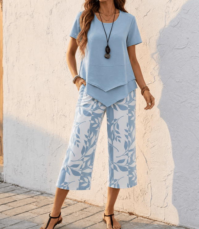 Women's Cropped Wide Leg Pants Set with a Layered Tunic Top