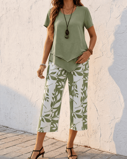 Women's Cropped Wide Leg Pants Set with a Layered Tunic Top