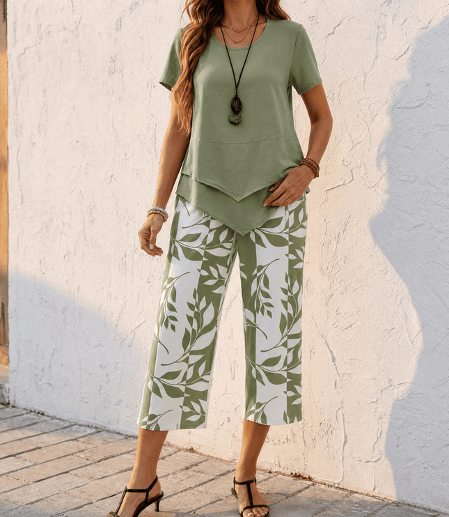 Women's Cropped Wide Leg Pants Set with a Layered Tunic Top