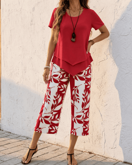 Women's Cropped Wide Leg Pants Set with a Layered Tunic Top