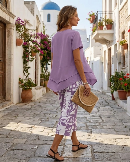 Women's Cropped Wide Leg Pants Set with a Layered Tunic Top