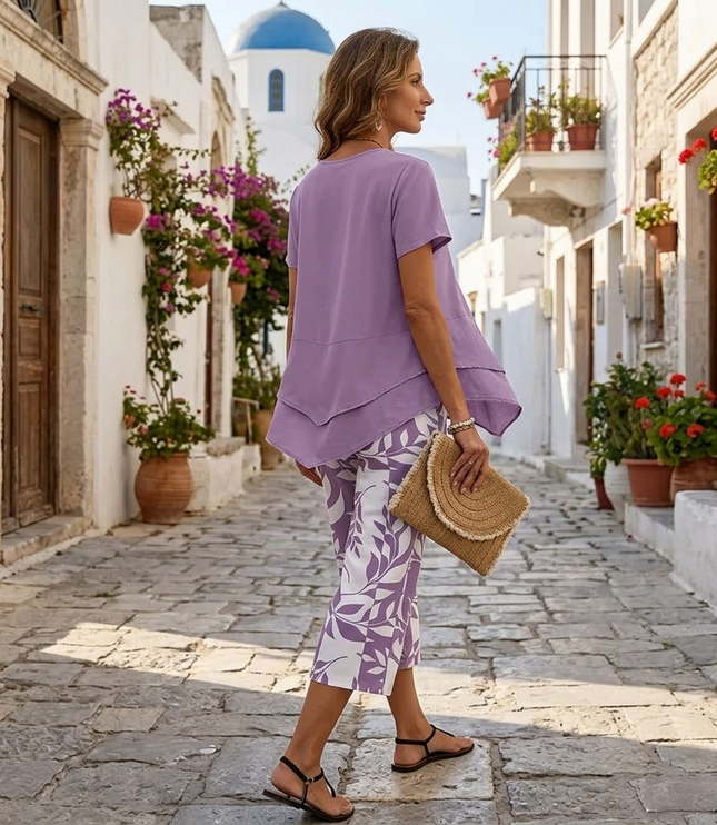 Women's Cropped Wide Leg Pants Set with a Layered Tunic Top