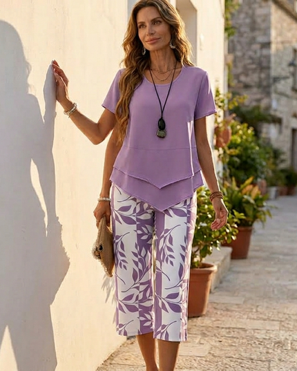 Women's Cropped Wide Leg Pants Set with a Layered Tunic Top