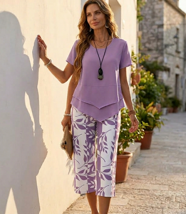 Women's Cropped Wide Leg Pants Set with a Layered Tunic Top
