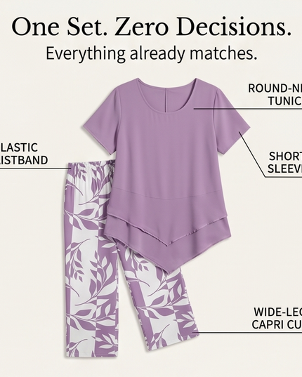 Women's Cropped Wide Leg Pants Set with a Layered Tunic Top