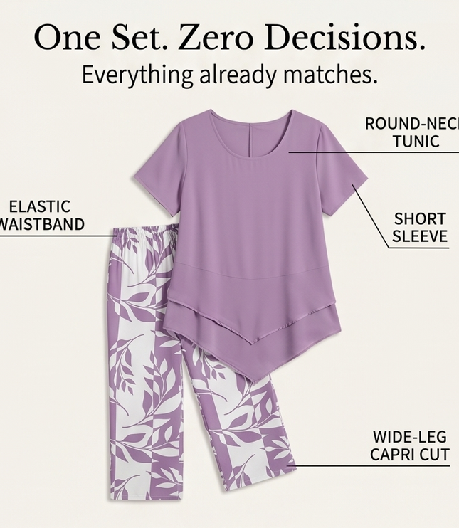 Women's Cropped Wide Leg Pants Set with a Layered Tunic Top