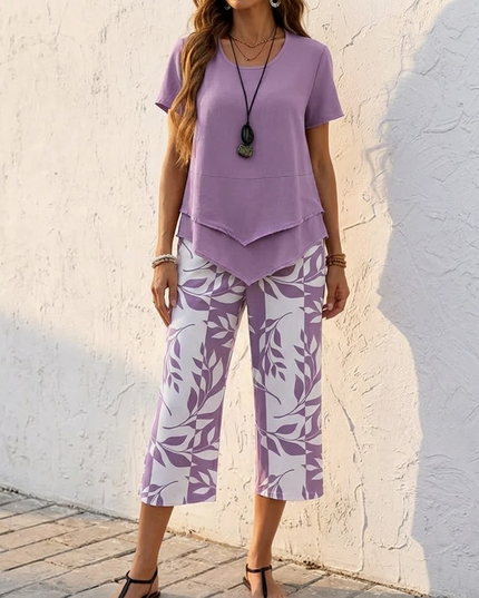 Women's Cropped Wide Leg Pants Set with a Layered Tunic Top