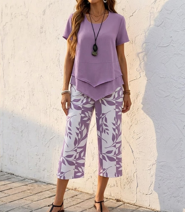 Women's Cropped Wide Leg Pants Set with a Layered Tunic Top