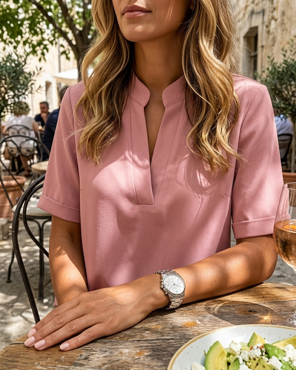 Women's Cuffed Short Sleeve Notched V-Neck Blouse