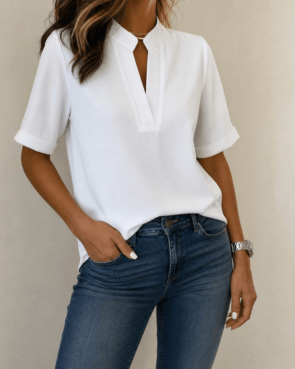 Women's Cuffed Short Sleeve Notched V-Neck Blouse