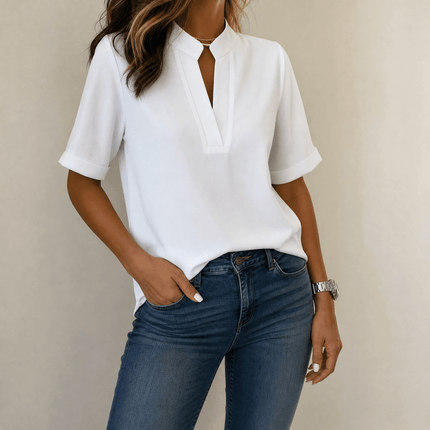 Women's Cuffed Short Sleeve Notched V-Neck Blouse