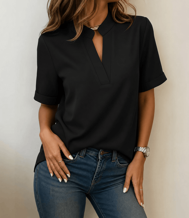 Women's Cuffed Short Sleeve Notched V-Neck Blouse