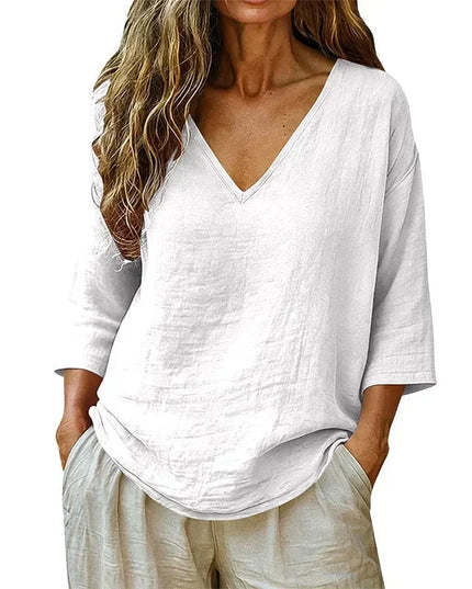 Women's Curved-Hem 3/4 Sleeve Draped V-Neck Blouse