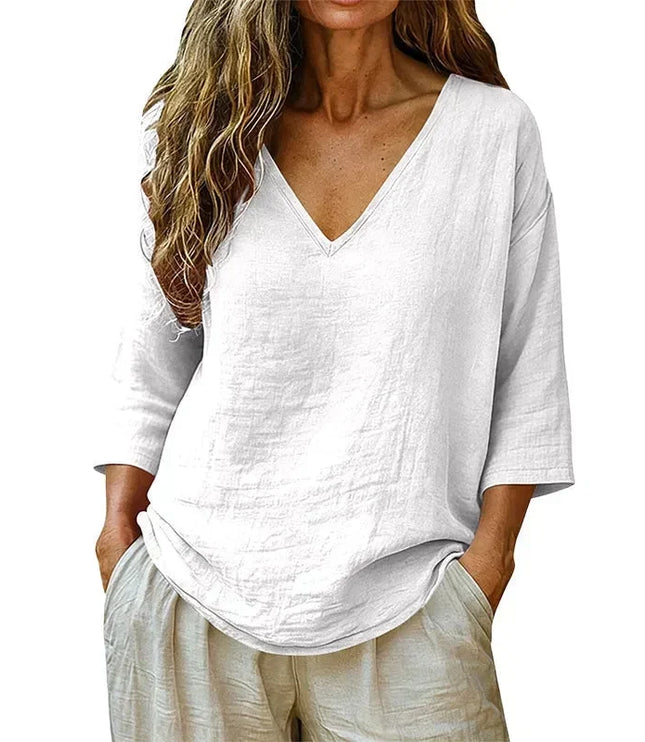 Women's Curved-Hem 3/4 Sleeve Draped V-Neck Blouse