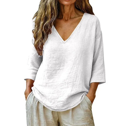 Women's Curved-Hem 3/4 Sleeve Draped V-Neck Blouse