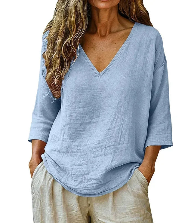 Women's Curved-Hem 3/4 Sleeve Draped V-Neck Blouse