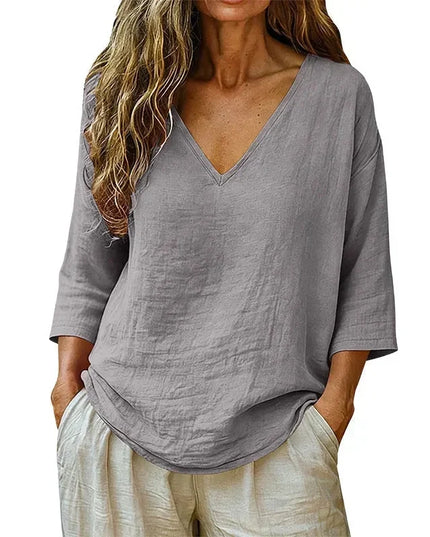 Women's Curved-Hem 3/4 Sleeve Draped V-Neck Blouse