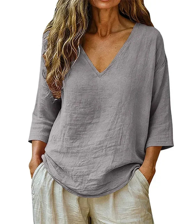 Women's Curved-Hem 3/4 Sleeve Draped V-Neck Blouse