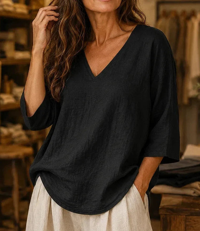 Women's Curved-Hem 3/4 Sleeve Draped V-Neck Blouse