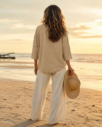 Women's Curved-Hem 3/4 Sleeve Draped V-Neck Blouse