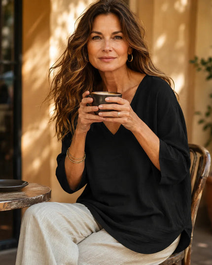 Women's Curved-Hem 3/4 Sleeve Draped V-Neck Blouse